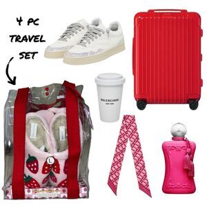 Pink & Red 4 Piece Travel Set- Slippers, Neck Pillow, Luggage Tag & Reusable Bag
